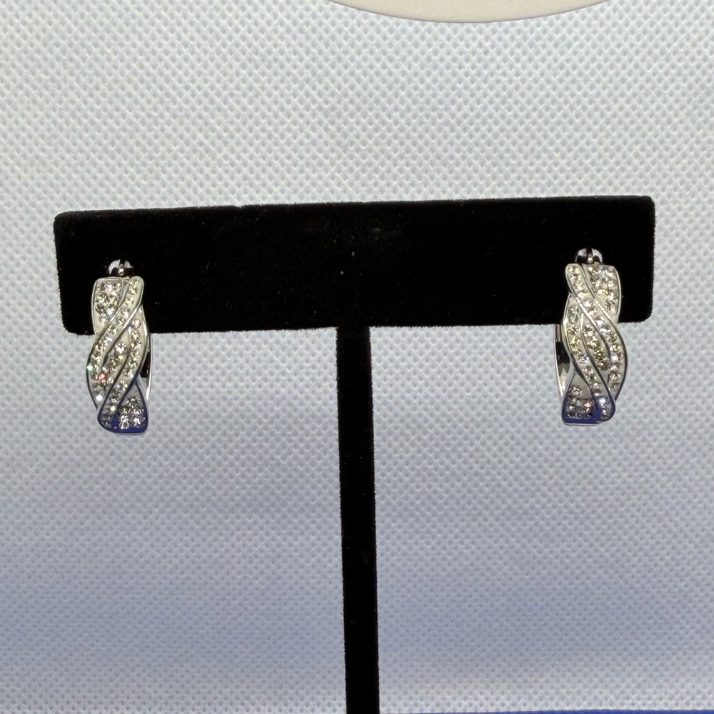 Crystal Studded Silver Tone Small Hoop Earrings Twisted Design